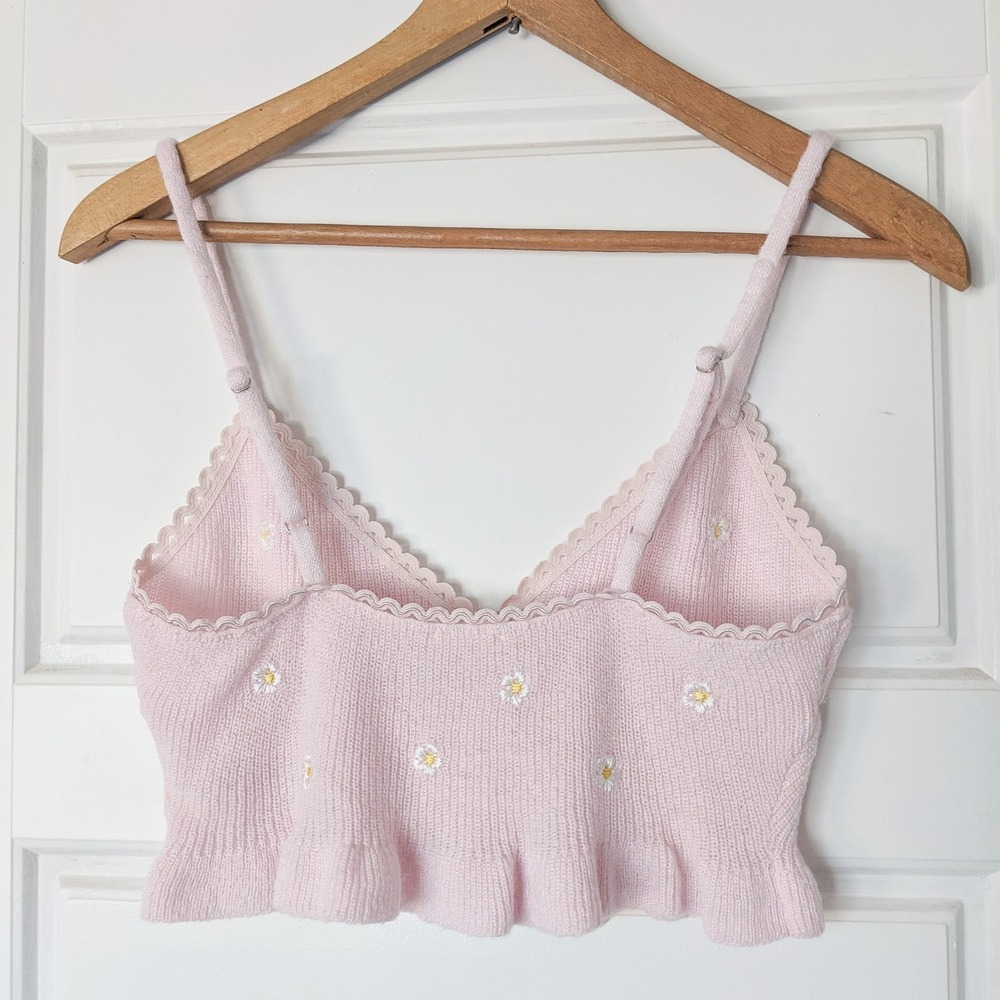 For Love And Lemons Callie Crop Top S Pink Knit Embroidered Daisy Coquette Cami - Picture 4 of 10